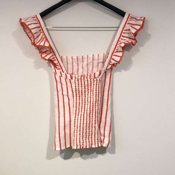 Maeve By Anthropologie Striped Smocked Cross Back Crop Top Red White sz M - Picture 2 of 4